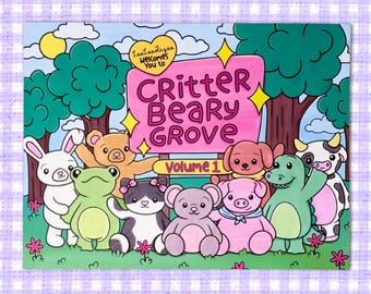 May include: A colorful illustration featuring a pink sign that reads "Critter Beary Grove Volume 1." The image showcases cartoon animals, including a rabbit, bear, frog, cat, koala, pig, dog, dinosaur, and cow, set against a backdrop of trees and a blue sky.