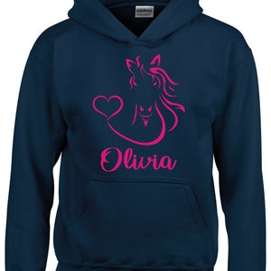 Personalised Horse Head with Heart Horsey Hoodie, Horse Riding Sweatshirt, Equestrian Clothing, Horse Riding Clothing Navy