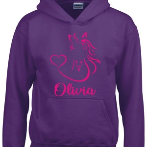 Personalised Horse Head with Heart Horsey Hoodie, Horse Riding Sweatshirt, Equestrian Clothing, Horse Riding Clothing Purple