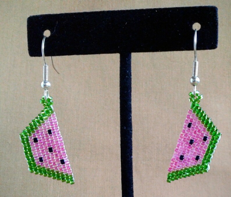 Watermelon Earrings Pink and Green Earrings Seed Bead Etsy