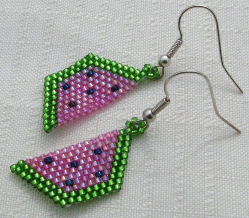 Watermelon Earrings Pink and Green Earrings Seed Bead Etsy
