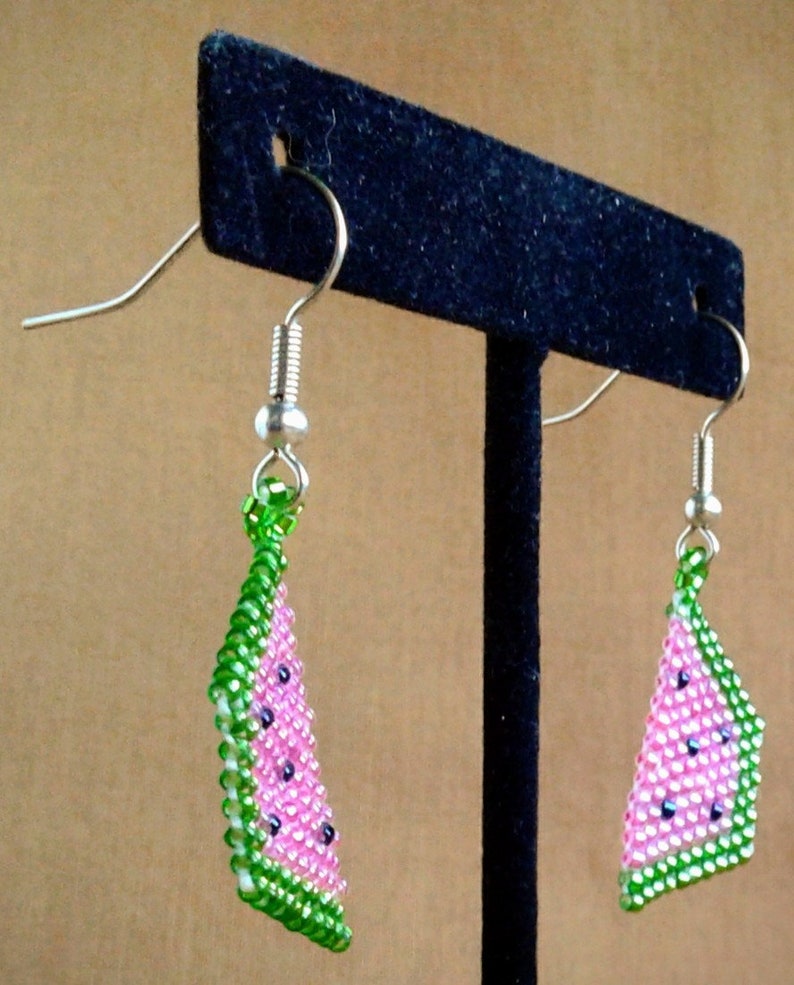 Watermelon Earrings Pink and Green Earrings Seed Bead Etsy