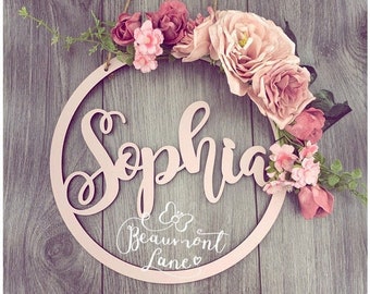 Name sign• Personalised name sign •Nursery decor •Baby shower gift •Wedding hoop •Floral hoop •MDF hoop •Door hanging •Blush pink flowers