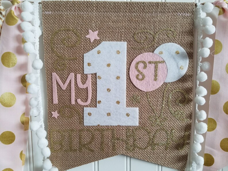 1st Birthday Banner,Fabric High Chair Banner,Champagne gold Burlap High chair High Chair Banner High Chair tutu Pink and Gold High Chair