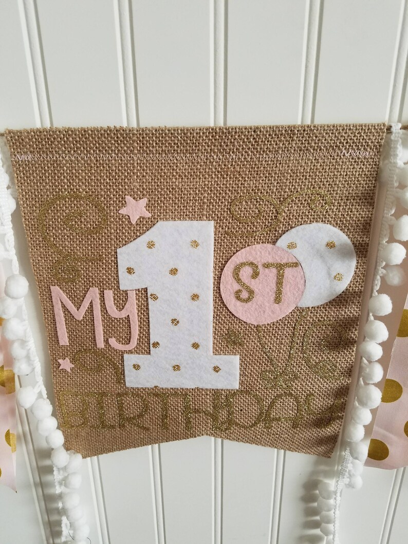 1st Birthday Banner,Fabric High Chair Banner,Champagne gold Burlap High chair High Chair Banner High Chair tutu Pink and Gold High Chair