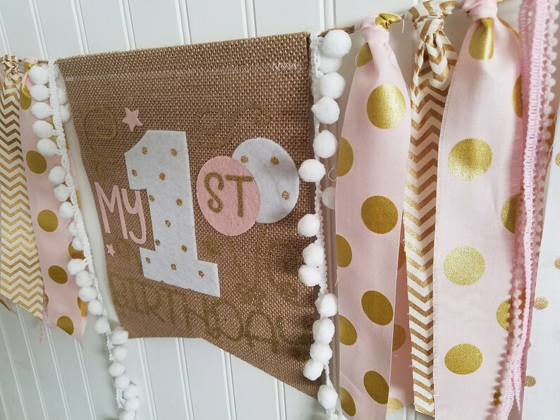 1st Birthday Banner,Fabric High Chair Banner,Champagne gold Burlap High chair High Chair Banner High Chair tutu Pink and Gold High Chair