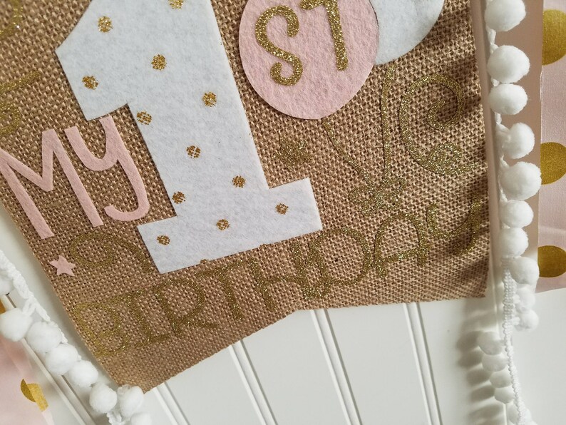 1st Birthday Banner,Fabric High Chair Banner,Champagne gold Burlap High chair High Chair Banner High Chair tutu Pink and Gold High Chair