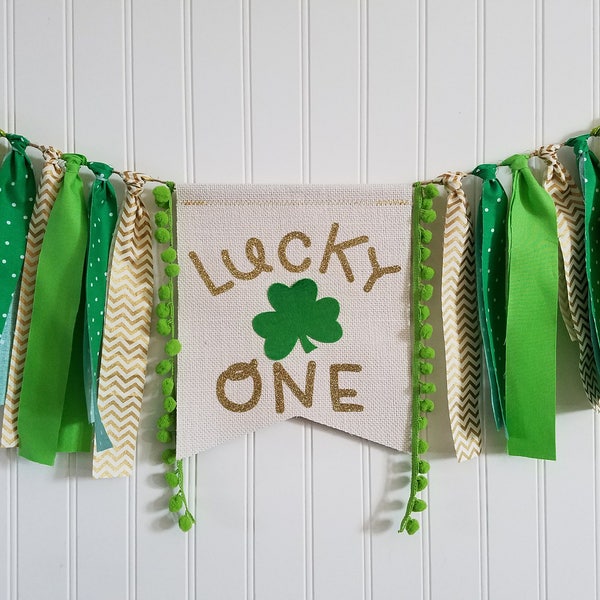 ST PATRICK'S DAY Birthday High Chair Highchair Banner Party Photo Prop Backdrop Cake Smash Green Gold Irish Lucky One First Burlap Fabric
