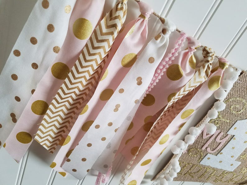 1st Birthday Banner,Fabric High Chair Banner,Champagne gold Burlap High chair High Chair Banner High Chair tutu Pink and Gold High Chair