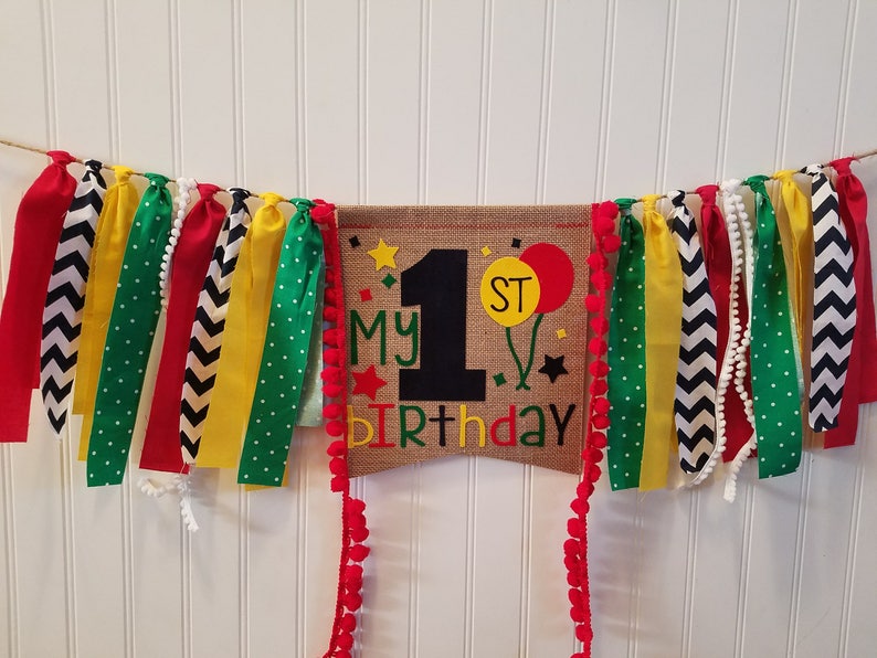 BALLOON Birthday Highchair High Chair Primary Banner First One Party Cake Smash Carnival Circus Photo Prop Fabric Bunting Backdrop burlap