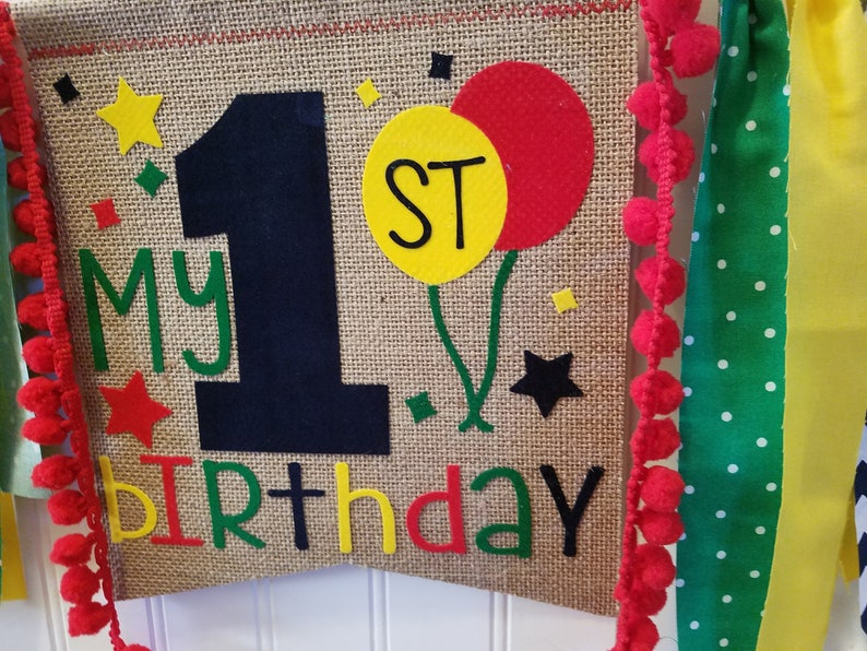 BALLOON Birthday Highchair High Chair Primary Banner First One Party Cake Smash Carnival Circus Photo Prop Fabric Bunting Backdrop burlap