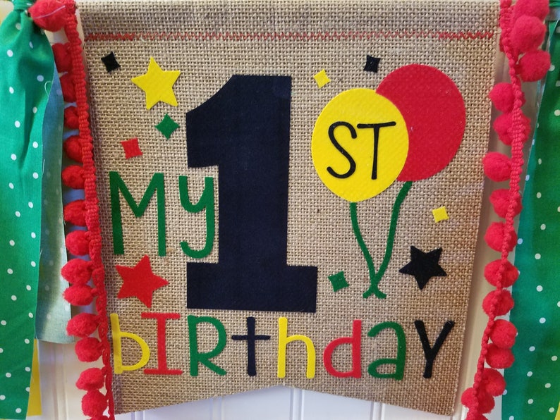 BALLOON Birthday Highchair High Chair Primary Banner First One Party Cake Smash Carnival Circus Photo Prop Fabric Bunting Backdrop burlap