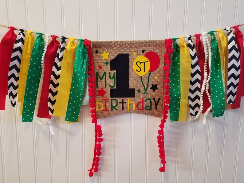 BALLOON Birthday Highchair High Chair Primary Banner First One Party Cake Smash Carnival Circus Photo Prop Fabric Bunting Backdrop burlap
