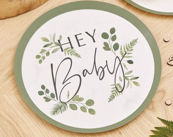 8 assiettes en carton botanique Hey Baby, assiettes pour baby shower, vaisselle pour baby shower, eucalyptus, baby shower botanique, baby shower écologique, bébé bohème