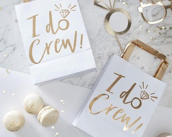 Individual White and Gold I Do Crew Bride Party Bag, Loot Bag, Bachelorette Party Bag, Hen Party Bag, White Gold, Bridal Shower, Team Bride