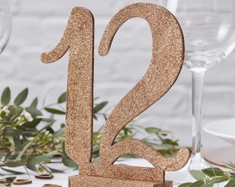 12 Rose Gold Table numbers, Wooden Table Numbers, Wedding Table Numbers, Glitter Table Numbers, Rose Gold Wedding Decor,