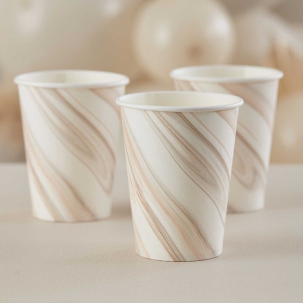 8 Natural Marble Party Cups, Eco Friendly Party, Pastel Party Decorations, Neutral Baby Shower Cups, Brown Birthday Party Cups