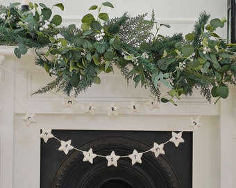 Felt White Star Merry Christmas  Bunting, Rustic Christmas Garland, Farmhouse Christmas, Holiday Decor, Holiday Decoration, Christmas Decor