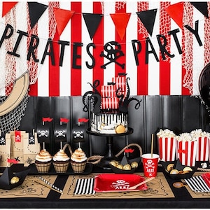 Décorations de fête de pirate, fête d'anniversaire de pirate, décor de pirate, articles de fête de pirate, ballons de pirate, assiettes de pirate, bannière de fête de pirate 6 Black Balloons