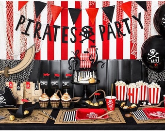 Décorations de fête de pirate, fête d'anniversaire de pirate, décor de pirate, articles de fête de pirate, ballons de pirate, assiettes de pirate, bannière de fête de pirate