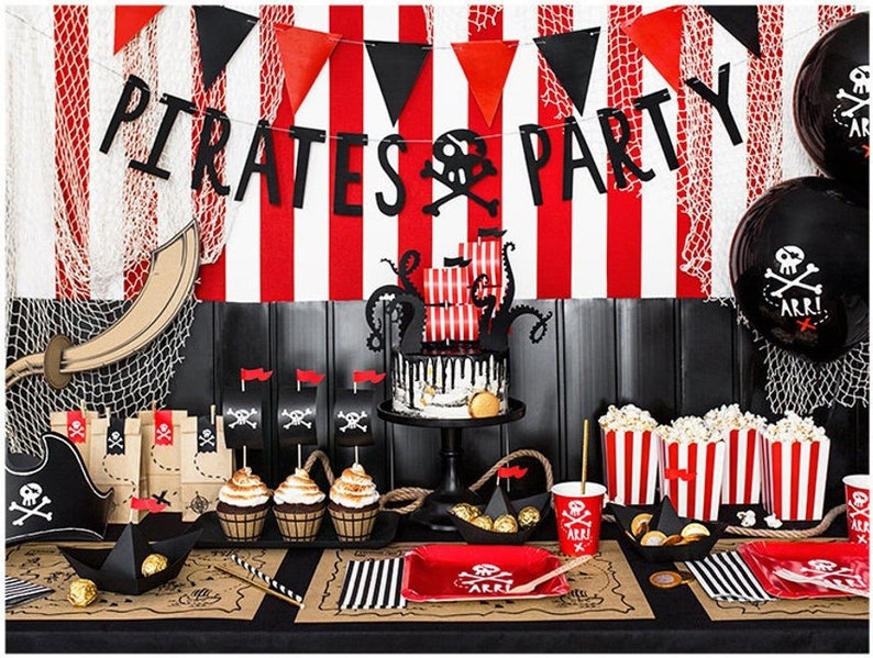 Décorations de fête de pirate, fête d'anniversaire de pirate, décor de pirate, articles de fête de pirate, ballons de pirate, assiettes de pirate, bannière de fête de pirate 6 Black Balloons