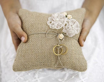 Hessian and Lace Ring Cushion, Wedding Ring Pillow, Ring Bearer Pillow, Vowel Renewal, Hessian Wedding, Rustic Wedding