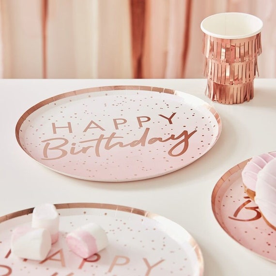 8 platos de feliz cumpleaños de oro rosa y rosa, platos de oro rosa, platos  de papel de cumpleaños, platos de fiesta rosa, platos de papel de oro rosa,  1er cumpleaños 