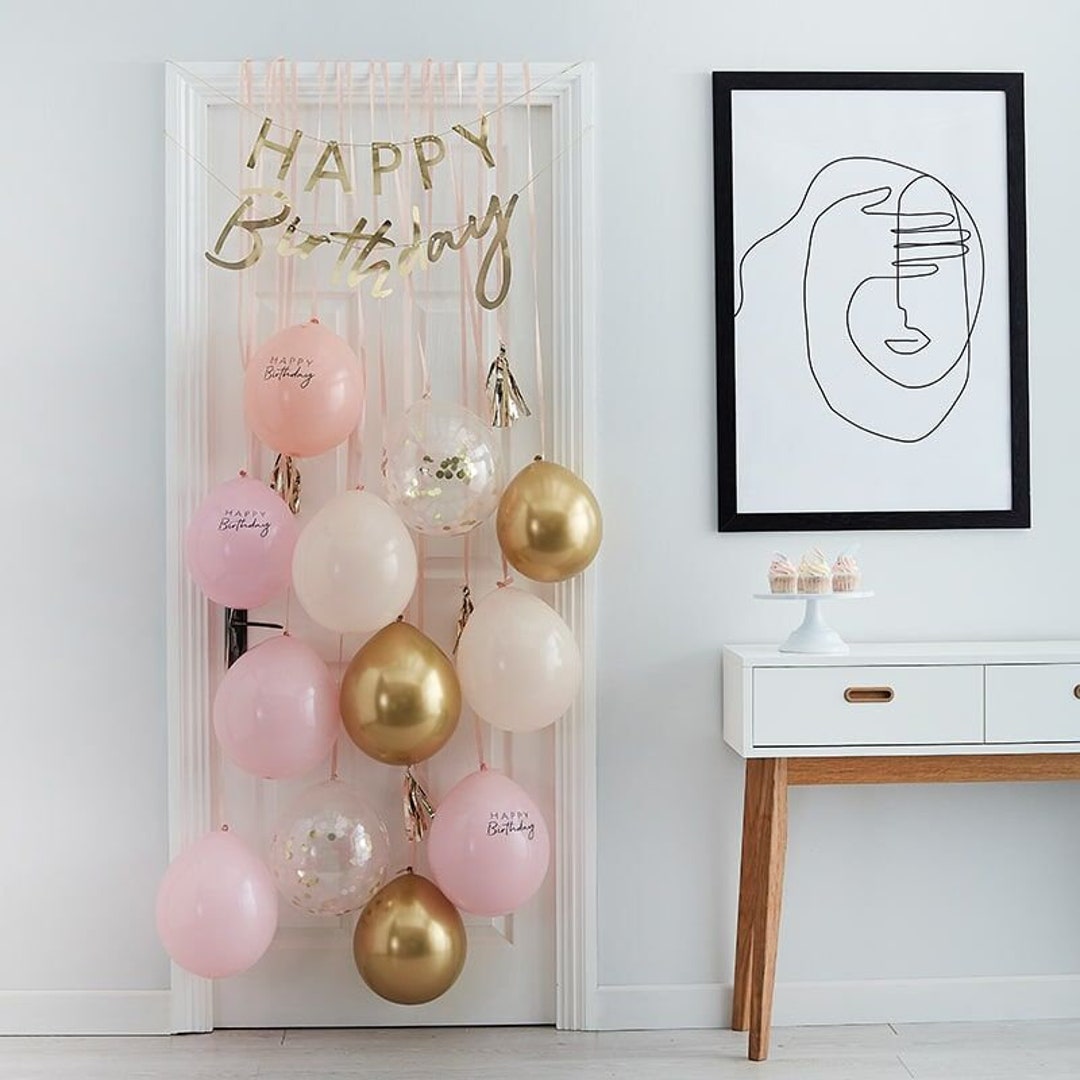 Pink Gold Birthday Balloons, Happy Birthday Banner, Balloon