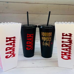 Horror Movie Personalised Tumbler, Horror Movie Popcorn Box, Horror Movie Gift, Halloween Tumbler, Horror Movie Cold Cup, Movie Snack Tub