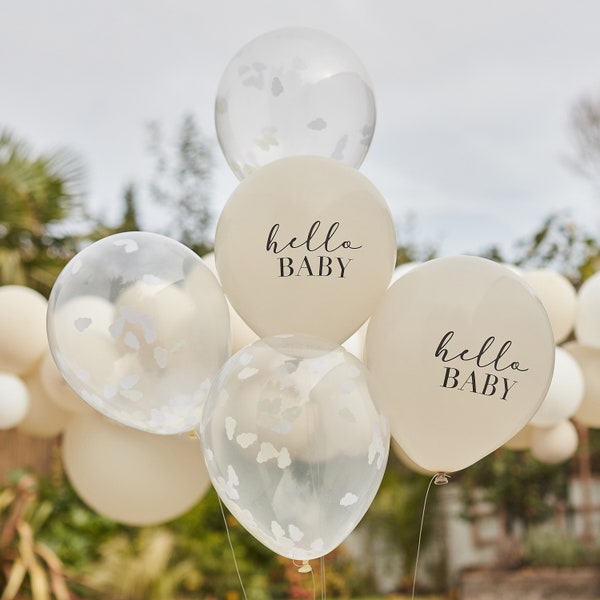 5 Hello Baby Baby Shower Balloons, Neutral Baby Shower, Eco Friendly Baby Shower, Baby Shower Decorations, Confetti Balloons, biodegradable
