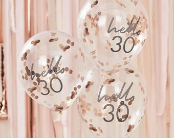 5 Hello 30 Birthday Balloons, Rose Gold Confetti Balloons, 30th Birthday Balloons, 30th Birthday Decor, 30th Party Supplies,Rose Gold Decor