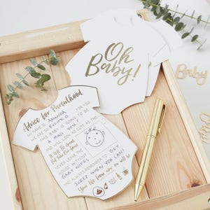 10 cartes de jeu baby shower, conseils pour baby shower, baby shower or, baby shower, nouveau né, nouvel arrivage, cartes conseils pour les parents
