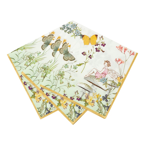 20 serviettes de fée, fournitures de fête de fée, décorations de fête de fée, fête d’anniversaire de fée, thé de jardin, serviettes papillon, serviettes de bois