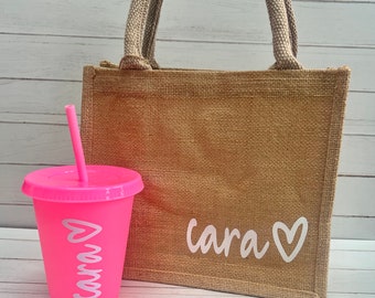 Cold Cup & Bag Set, Kids Custom Tumbler, Flower Girl Bridesmaid Gift, Travel Beach Bag, Gift for her, gift for teen, Tote Bag