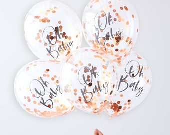 5 Oh Baby Confetti Balloons, Baby Shower Balloons, Gender Reveal Balloons, Baby Shower Decorations, Rose Gold Balloons