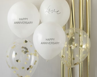 5 White Gold Happy Anniversary Balloons, Anniversary Party Decor, Confetti Balloons, Anniversary Party Decorations