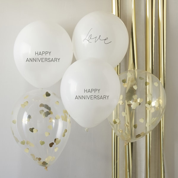 5 witgouden gelukkige verjaardagsballonnen, jubileumfeestdecor, confettiballonnen, jubileumfeestdecoraties