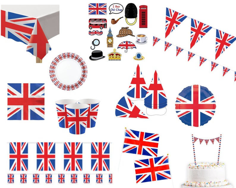 Queens Jubilee Party Decorations, Union Jack Flag Bunting, Union Jack Decorations, Union Jack Jubilee Plates Cup Napkins, Street Party Decor 