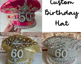 Birthday Rhinestone Hat, Captain Hat, Birthday Hat, Milestone Birthday, birthday Crown, 21st, 30th, 40th, 50th, 60th birthday, hat