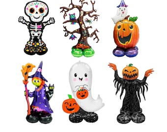 May include: A collection of Halloween-themed foil balloons. The balloons include a skeleton, a spooky tree, a jack-o'-lantern with a ghost, a witch, a ghost holding a pumpkin, and a scarecrow with a pumpkin head. Each balloon has a unique design and vibrant colors.