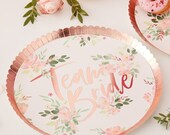 8 White Floral Rose Gold Foiled Team Bride Plates, Floral Hen Party, Party Plates, Bachelorette Plates, Hen Party Plates, Rose Gold Plates