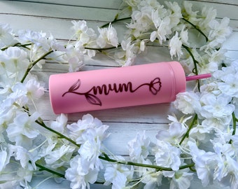 Personalised Skinny Tumbler, Mothers Day Gift, Gift for Mum, Flower Bottle, Custom drink Bottle name, Tumbler with name, Custom Tumbler