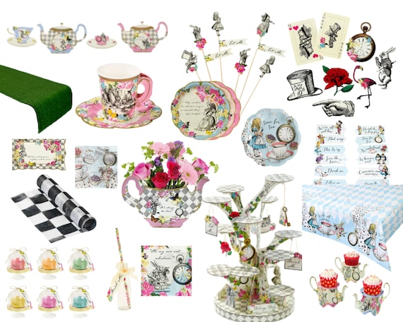 Alice in Wonderland Party Decorations and Tableware for 16 Guests | Mad  Hatter Bunting, Plates, Napkins, Cups, Table Cover for Birthday, Baby Shower