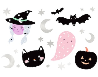 May include: A whimsical Halloween-themed illustration featuring a witch with a black hat, a black cat, bats, a ghost, a pumpkin, stars, and crescent moons. The witch has light blue braids and a pink face. The overall color palette is black, pink, and silver.