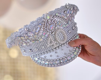 Chapeau 40e anniversaire avec perles strass, chapeau capitaine, chapeau de fête d'anniversaire, cadeau 40e anniversaire, souvenir, déguisement 40e, diadème couronne 40e