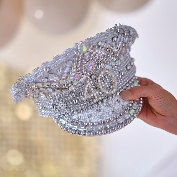 Chapeau 40e anniversaire avec perles strass, chapeau capitaine, chapeau de fête d'anniversaire, cadeau 40e anniversaire, souvenir, déguisement 40e, diadème couronne 40e