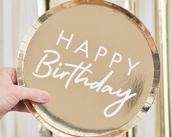 8 plaques de joyeux anniversaire en or, assiettes en papier dorées, 40e anniversaire, 30e anniversaire, assiettes jetables, décorations de fête en or, fête blanche dorée