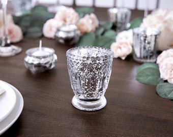 4 porte-lampes à thé en verre d’argent, pièce maîtresse de mariage en argent, décor de Noël en argent, porte-lampe à thé, bougeoir, décor de table en argent