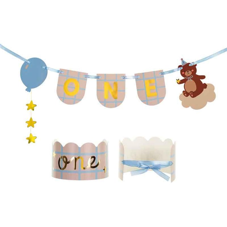 Teddy Bear 1st Birthday Decorations, One Bunting, One today, First Birthday Party, First Birthday Decor, 1st Birthday Decor, 1st Birthday Crown and Banner set