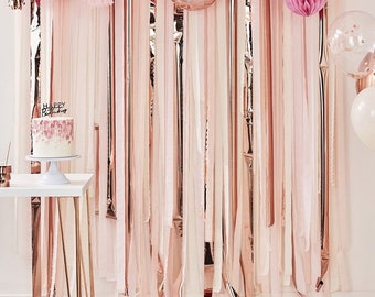 Pink and Rose Gold Streamers Backdrop, Rose Gold Birthday Backdrop, Baby Shower Decor, Bridal Shower Backdrop, Rose Gold Party, Photo booth